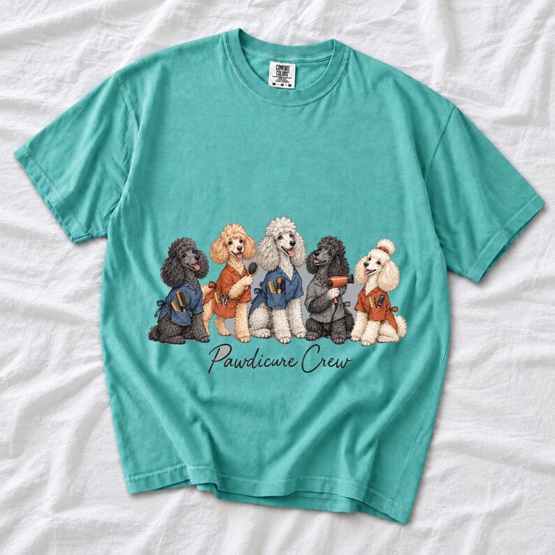 Illustrated poodles in salon smocks with brushes and a hair dryer, text Pawdicure Crew