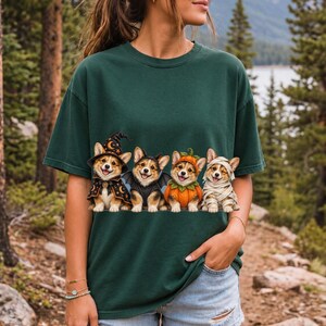 Realistic illustration of four corgi puppies in wizard, bat, pumpkin and mummy costumes in a row
