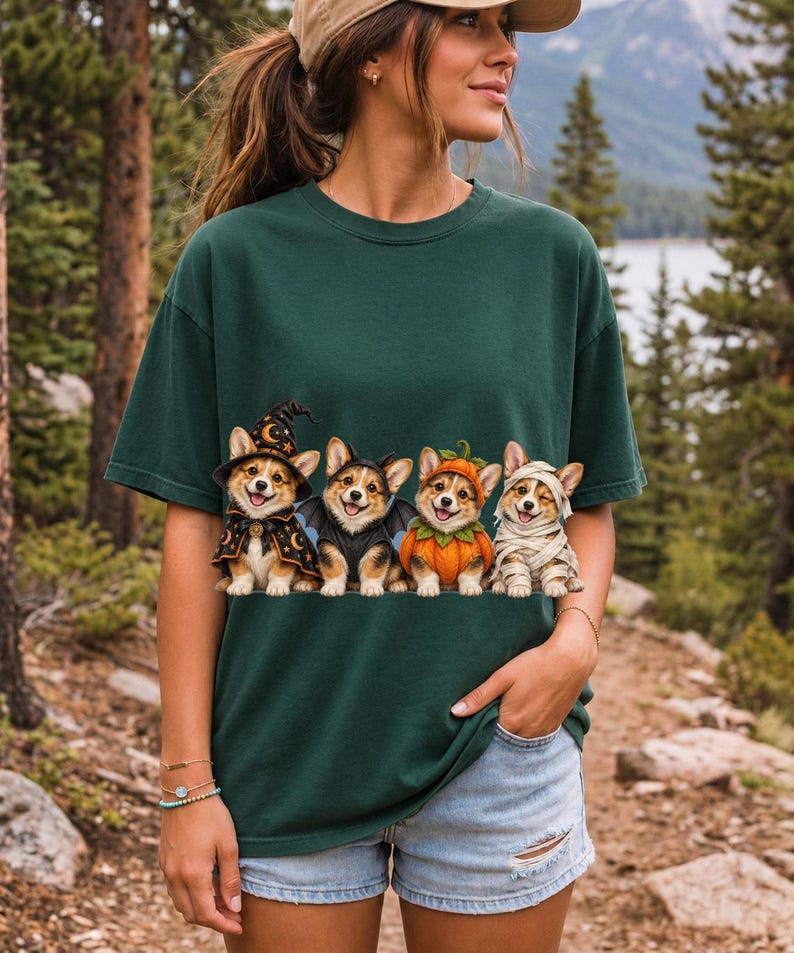 Realistic illustration of four corgi puppies in wizard, bat, pumpkin and mummy costumes in a row