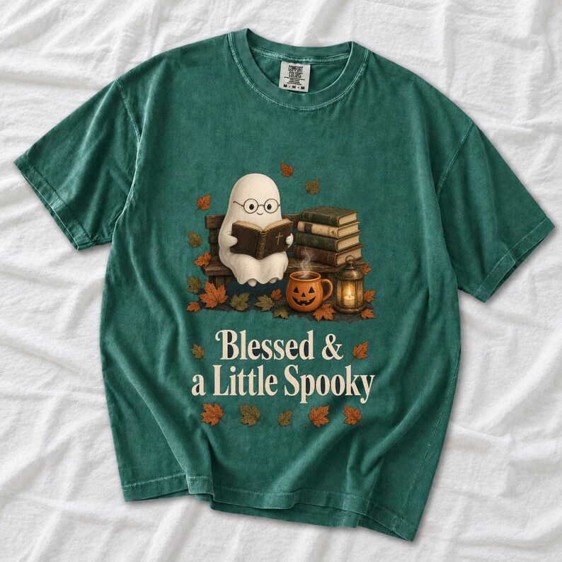 Cute ghost with glasses reading a Bible with a candle and mug, text "Blessed & a Little Spooky", retro fall illustration