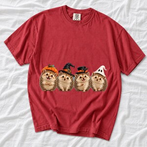 Realistic illustration of four hedgehogs wearing tiny Halloween hats in a row