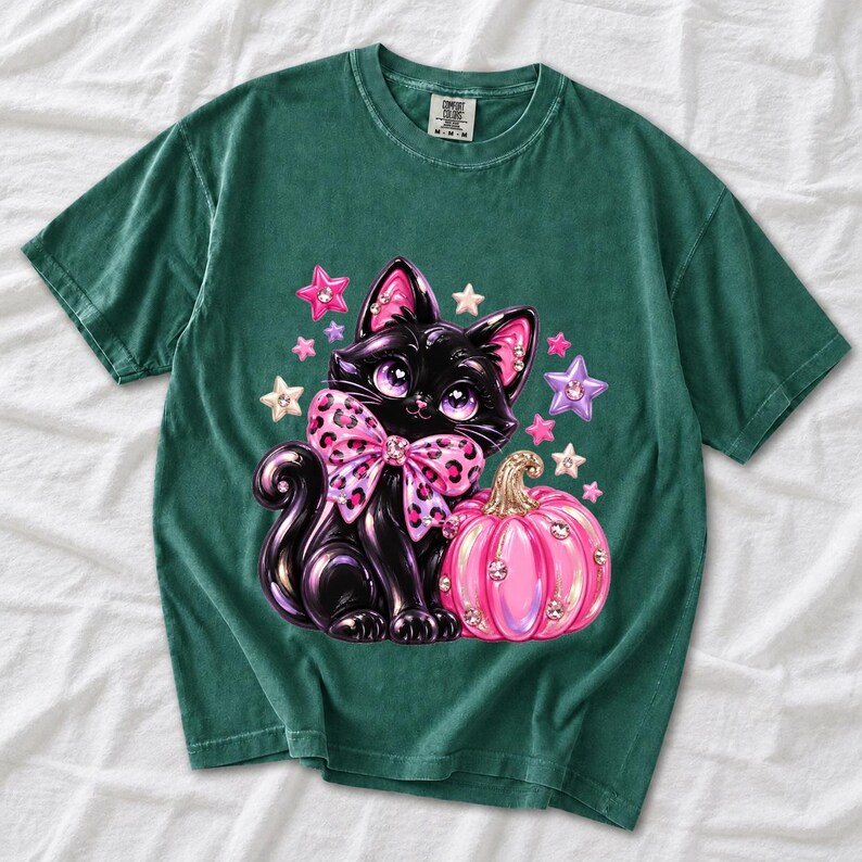 Puffy 3D black cat with a leopard bow beside a glossy pumpkin and stars in coquette style