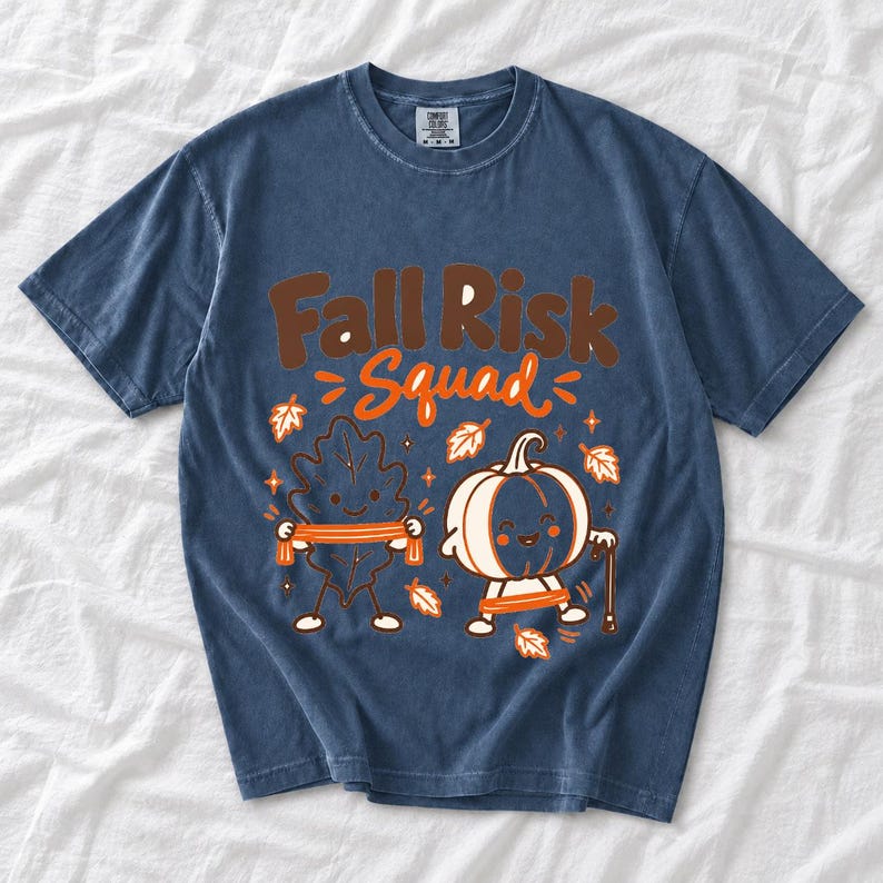 Kawaii leaf and pumpkin characters doing physical therapy with resistance bands and a cane, text Fall Risk Squad