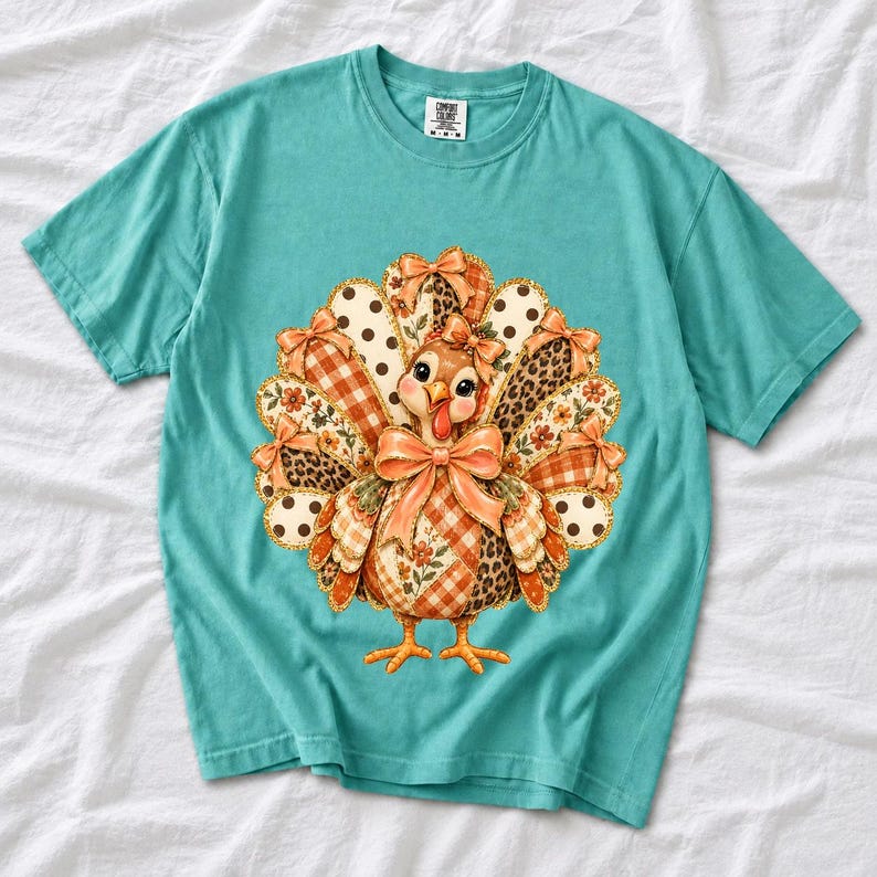 Turkey with patchwork fabric tail feathers decorated with bows on a cream and polka-dot stripe background