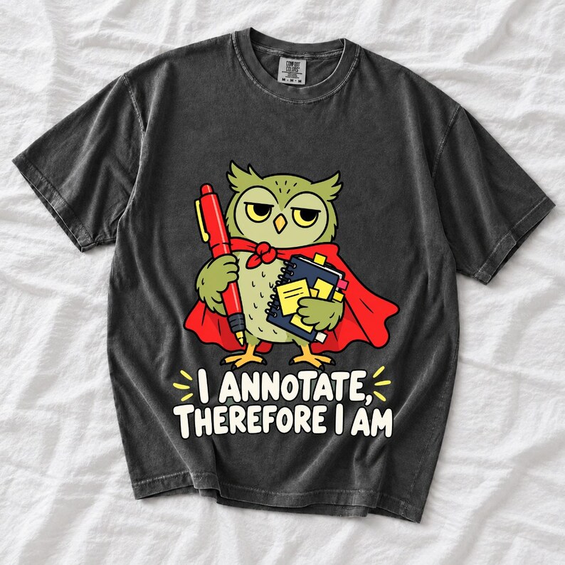 Cartoon owl in a cape holding a giant red pen and sticky notes with the text I Annotate, Therefore I Am