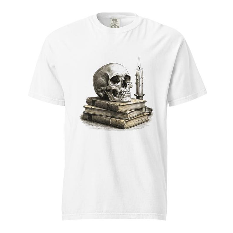Memento Mori Skull Shirt, Skull and Candle Tee, Comfort Colors Skull Book Lover T-shirt, Gothic Vanitas Skull Shirt image 5