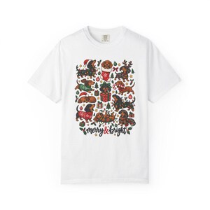 Comfort Colors Merry and Bright Dachshund Shirt, Christmas Doxie Tee, Cute Wiener Dog Christmas T-shirt, Dachshund Mom Holiday Shirt — Printify product mockup