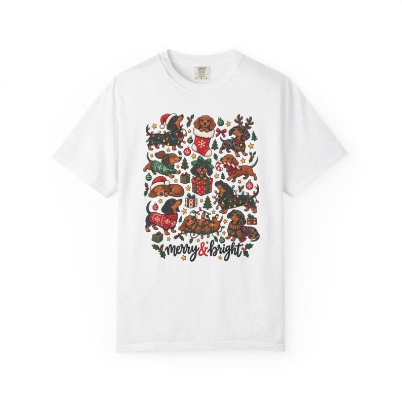 Comfort Colors Merry and Bright Dachshund Shirt, Christmas Doxie Tee, Cute Wiener Dog Christmas T-shirt, Dachshund Mom Holiday Shirt — Printify product mockup
