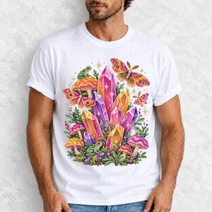 Retro 70s psychedelic glitter crystal cluster with moths and small frogs in pink, mustard, violet and mint
