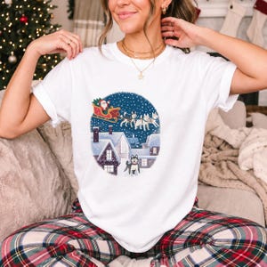 Comfort Colors Santa Sleigh Huskies Shirt, Christmas Village Husky Tee, Retro Santa Sled Dogs T-shirt, Husky Lover Holiday Shirt, Husky Tee