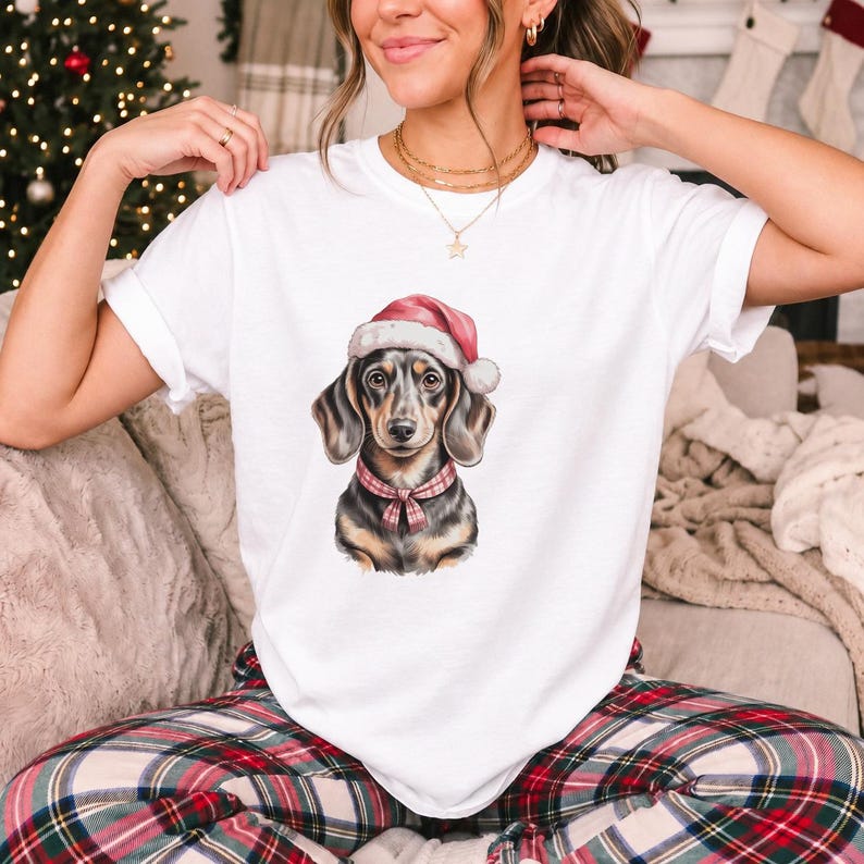 Comfort Colors Dachshund Santa Hat Shirt, Watercolor Doxie Christmas Tee, Dachshund Christmas T-shirt, Doxie Mom Holiday Shirt