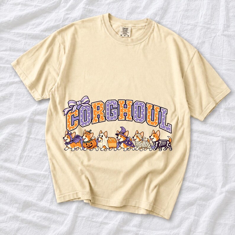Six corgis in Halloween costumes walking under the arched word CORGHOUL, lavender and orange polka-dot varsity style