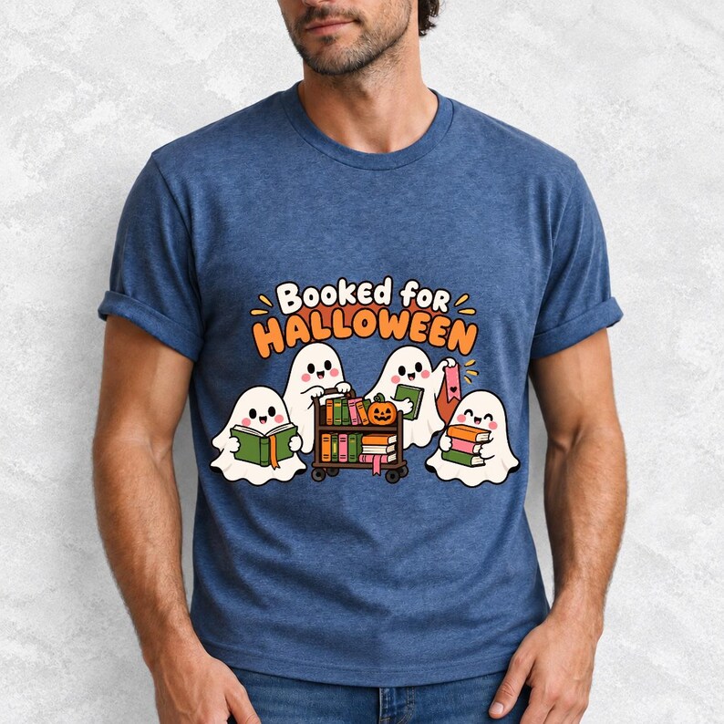 Four kawaii ghosts with books, a library cart and bookmarks, text Booked for Halloween