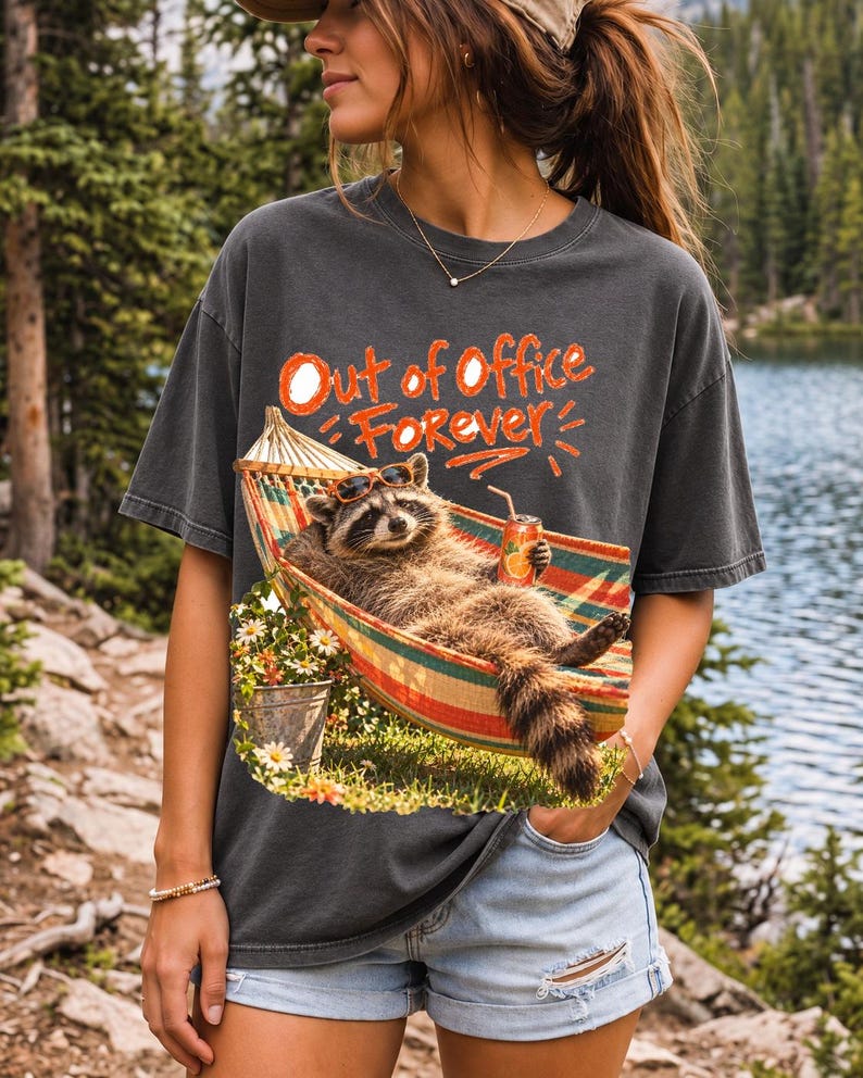 Raccoon relaxing in a hammock with a soda can and sunglasses, 90s film photo style, text "Out of Office Forever"