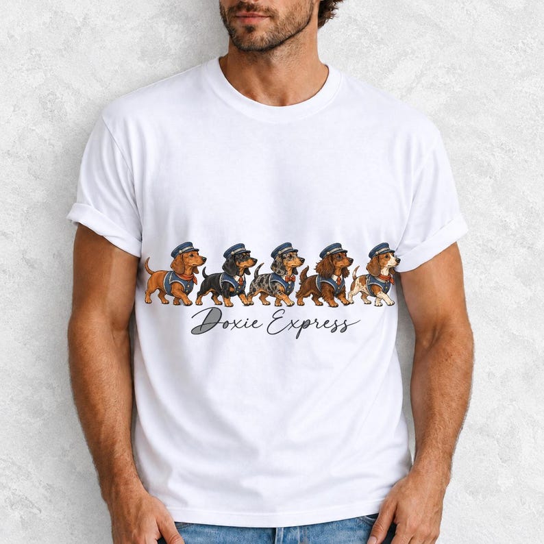 Illustrated dachshunds in conductor hats lined up like a train, text Doxie Express