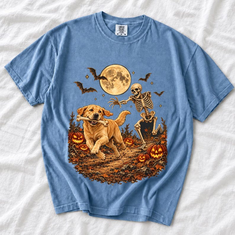 A skeleton chasing a golden labrador that stole its arm bone under a full moon with jack o lanterns and bats