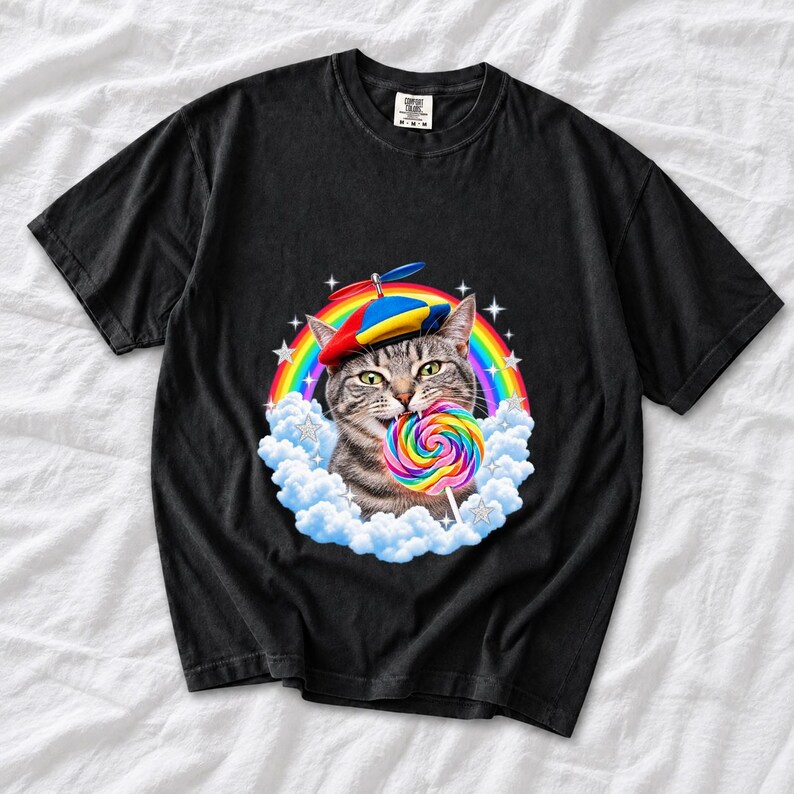 Rainbow Cat Lollipop Propeller Beanie Comfort Colors Shirt product mockup, image 9