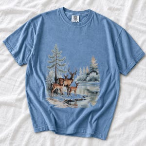 Comfort Colors Winter Deer Family Shirt, Watercolor Deer Tee, Snowy Lake Deer T-shirt, Nature Lover Winter Shirt, Deer Lover Gift Tee