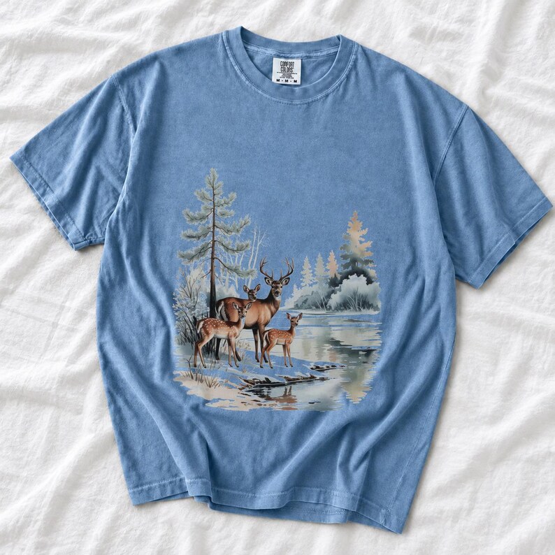 Comfort Colors Winter Deer Family Shirt, Watercolor Deer Tee, Snowy Lake Deer T-shirt, Nature Lover Winter Shirt, Deer Lover Gift Tee