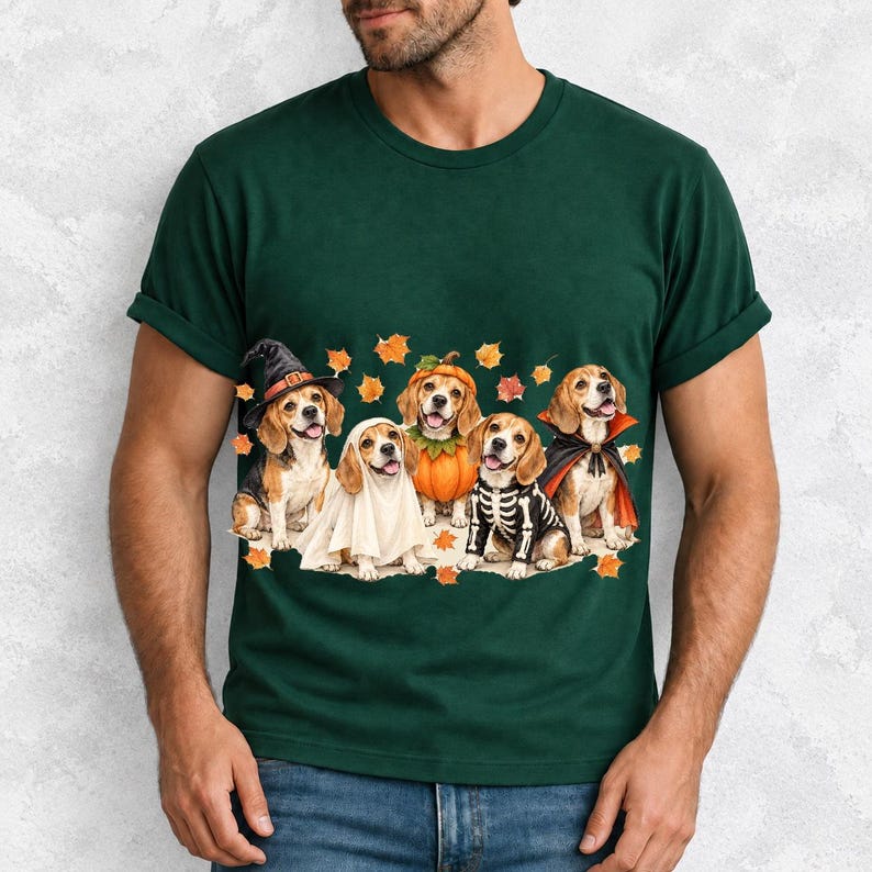 Five watercolor beagles in witch, ghost, pumpkin, skeleton and vampire costumes with floating autumn leaves
