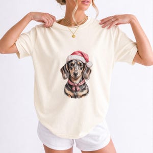 Comfort Colors Dachshund Santa Hat Shirt, Watercolor Doxie Christmas Tee, Dachshund Christmas T-shirt, Doxie Mom Holiday Shirt