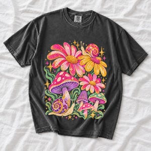 Retro 70s psychedelic glitter daisies and snails with groovy stars in pink, mustard, violet and mint