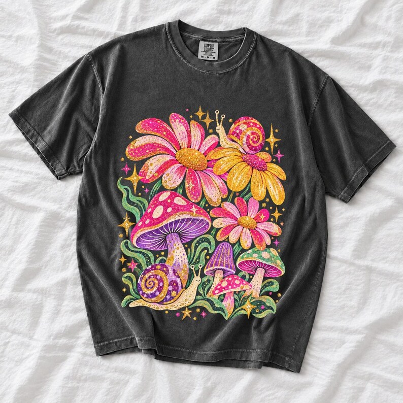 Retro 70s psychedelic glitter daisies and snails with groovy stars in pink, mustard, violet and mint
