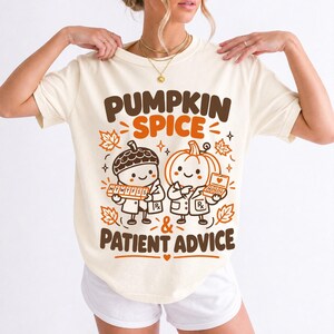 Acorn and pumpkin characters in pharmacist coats holding pill organizers, text Pumpkin Spice & Patient Advice