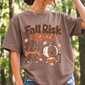Kawaii leaf and pumpkin characters doing physical therapy with resistance bands and a cane, text Fall Risk Squad