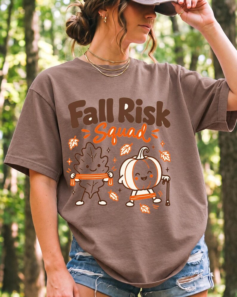 Kawaii leaf and pumpkin characters doing physical therapy with resistance bands and a cane, text Fall Risk Squad