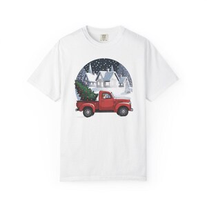 Comfort Colors Red Truck Christmas Tree Shirt, Retro Christmas Truck Tee, Snowy Village Red Truck T-shirt, Farmhouse Christmas Shirt — Printify product mockup