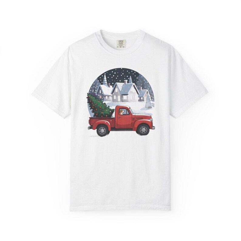 Comfort Colors Red Truck Christmas Tree Shirt, Retro Christmas Truck Tee, Snowy Village Red Truck T-shirt, Farmhouse Christmas Shirt — Printify product mockup