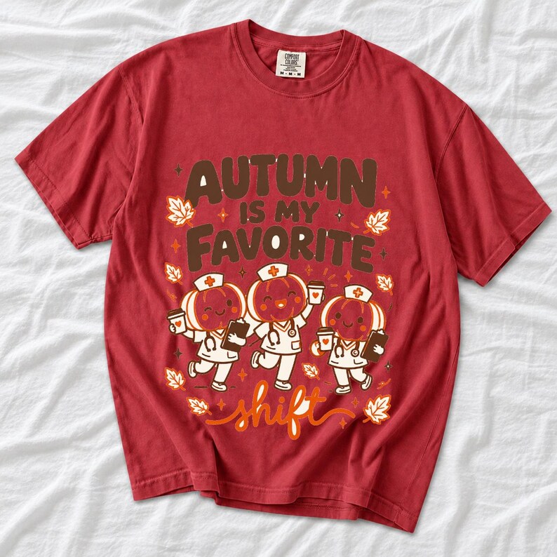 Cute pumpkin characters in nurse caps with clipboards and coffee, text Autumn Is My Favorite Shift