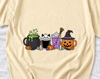 Halloween Coffee Shirt, Witchy Coffee Tee, Cat Latte Coffee T-shirt, Pumpkin Spice Coffee Tee, Coffee Lover Halloween Shirt
