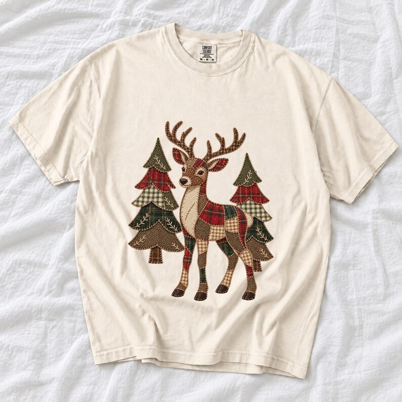 Comfort Colors Plaid Reindeer Christmas Shirt, Patchwork Reindeer Tee, Rustic Christmas Deer T-shirt, Farmhouse Reindeer Holiday Shirt