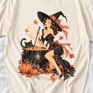 Retro 1950s pin-up witch winking while stirring a cauldron with a black cat peeking over the rim, autumn leaves