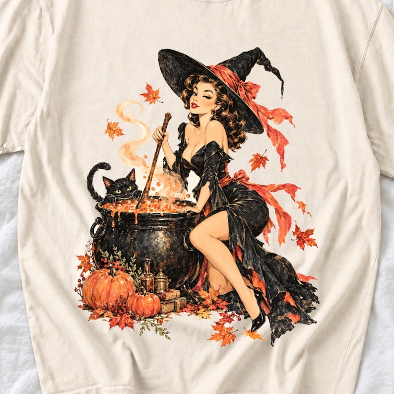 Retro 1950s pin-up witch winking while stirring a cauldron with a black cat peeking over the rim, autumn leaves
