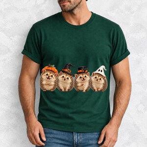 Realistic illustration of four hedgehogs wearing tiny Halloween hats in a row