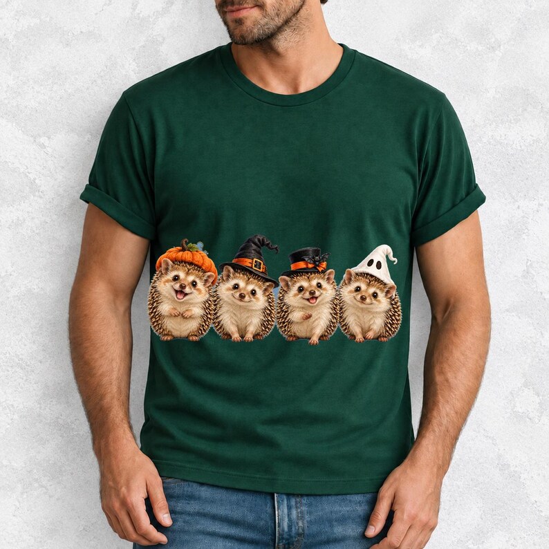 Realistic illustration of four hedgehogs wearing tiny Halloween hats in a row