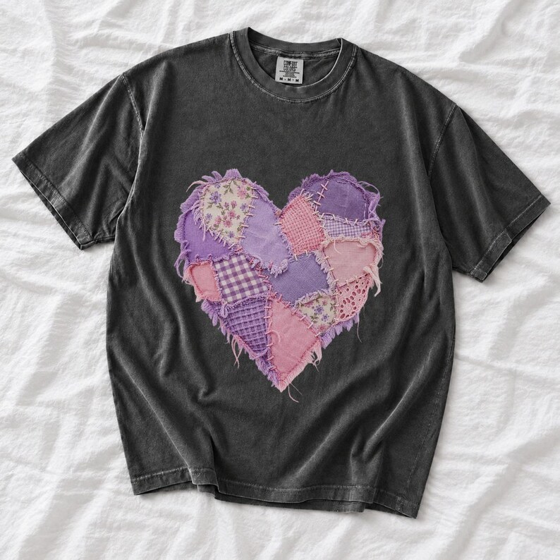 Comfort Colors Lavender Patchwork Heart Shirt, Quilt Heart Tee, Pastel Heart Valentine T-shirt, Valentines Day Heart Shirt Women