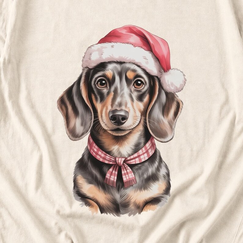 Comfort Colors Dachshund Santa Hat Shirt, Watercolor Doxie Christmas Tee, Dachshund Christmas T-shirt, Doxie Mom Holiday Shirt