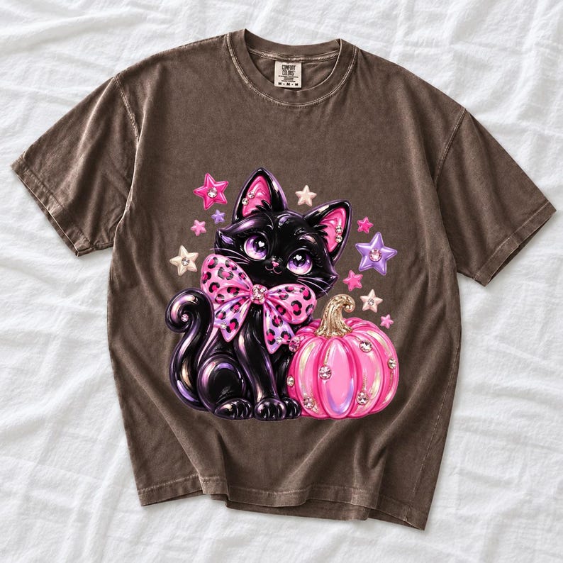 Puffy 3D black cat with a leopard bow beside a glossy pumpkin and stars in coquette style