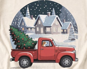 Comfort Colors Red Truck Christmas Tree Shirt, Retro Christmas Truck Tee, Snowy Village Red Truck T-shirt, Farmhouse Christmas Shirt