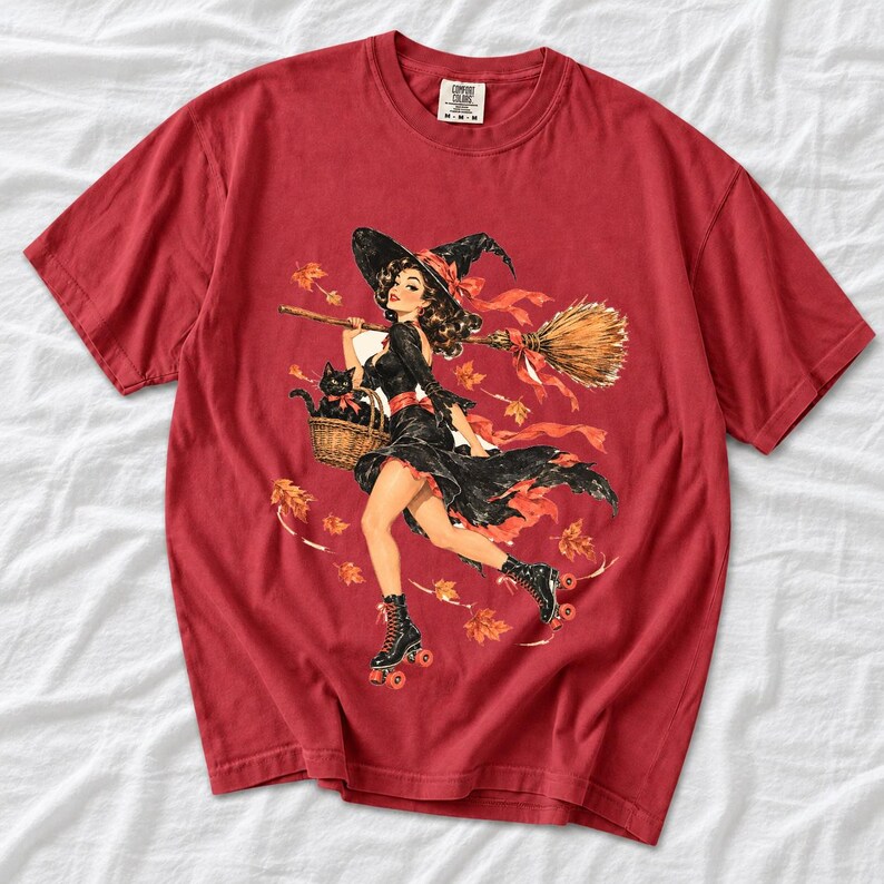 Retro 1950s pin-up witch on roller skates with a broom and a cat in a basket, autumn leaves