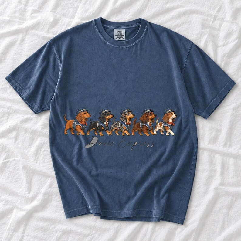 Illustrated dachshunds in conductor hats lined up like a train, text Doxie Express