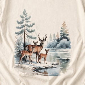 Comfort Colors Winter Deer Family Shirt, Watercolor Deer Tee, Snowy Lake Deer T-shirt, Nature Lover Winter Shirt, Deer Lover Gift Tee