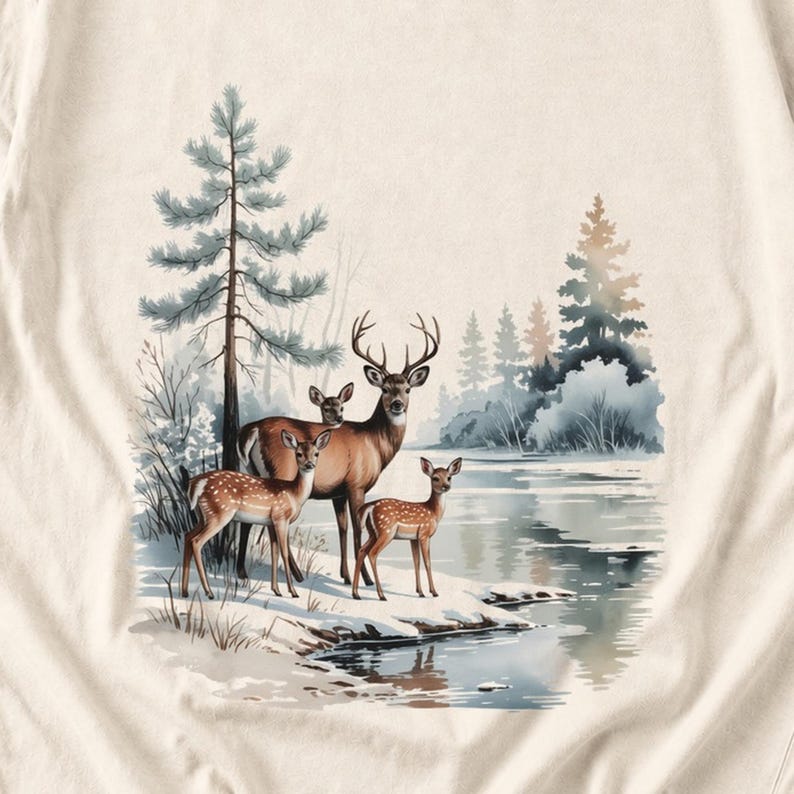 Comfort Colors Winter Deer Family Shirt, Watercolor Deer Tee, Snowy Lake Deer T-shirt, Nature Lover Winter Shirt, Deer Lover Gift Tee