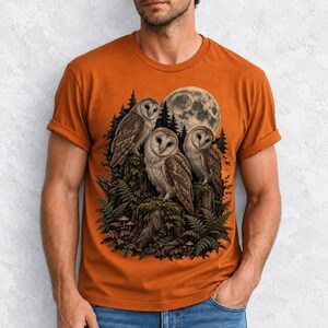 Three barn owls on a mossy stump under a huge full moon with ferns and mushrooms, dark realistic forest illustration