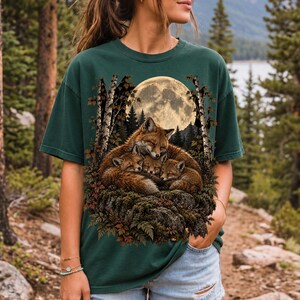 Fox family curled on a rock under a huge full moon among birch trees, dark realistic woodland illustration
