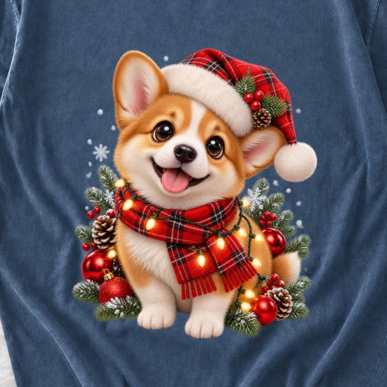 Comfort Colors Christmas Corgi Puppy Shirt, Cute Corgi Santa Hat Tee, Corgi Lover Christmas T-shirt, Corgi Mom Holiday Shirt image 2